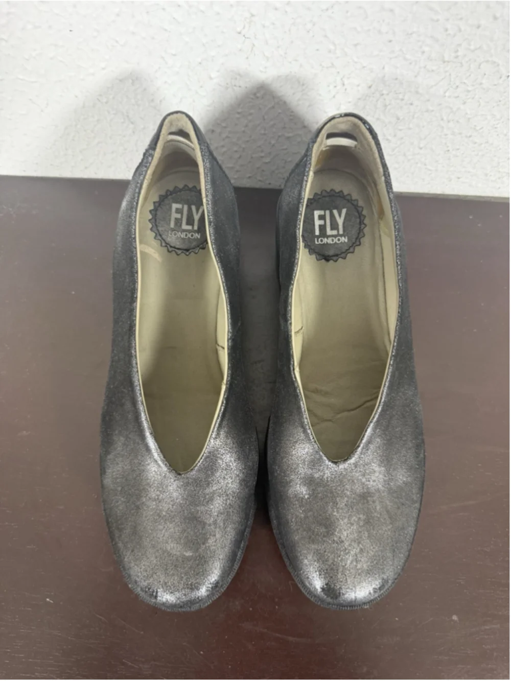 Fly London Beso Metallic Black Wedges Shoes Sz 37/6.5-7 US Boho Work Preppy Chic